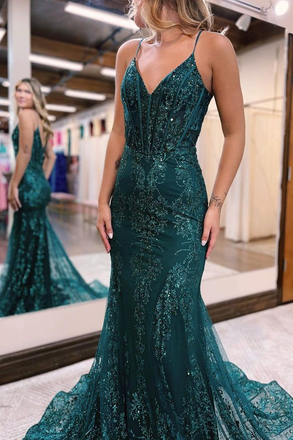 Modern Spaghetti Strap Mermaid Prom Dress with Appliques & Beadings | Ballbella