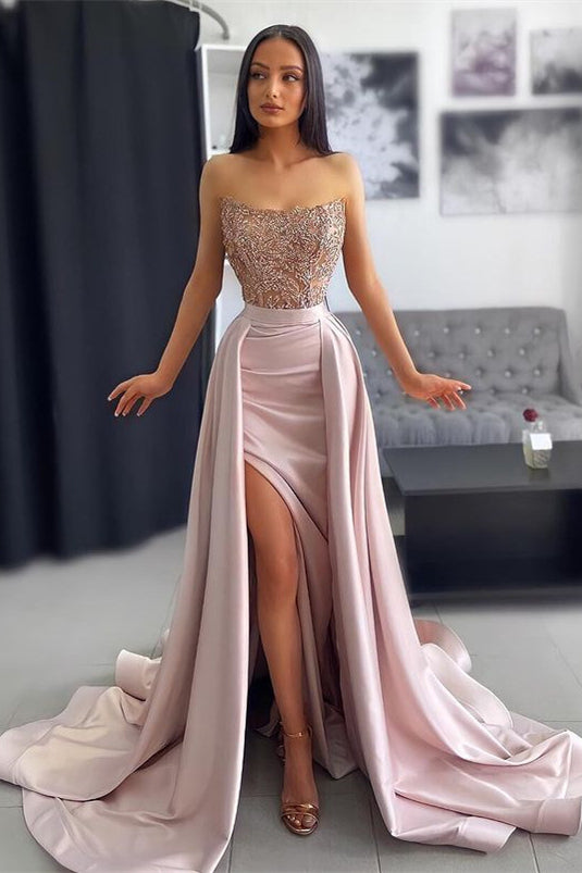 Simple Dark Pink Strapless Lace Appliques Slit Mermaid Prom Dress with Ruffles | Ballbella