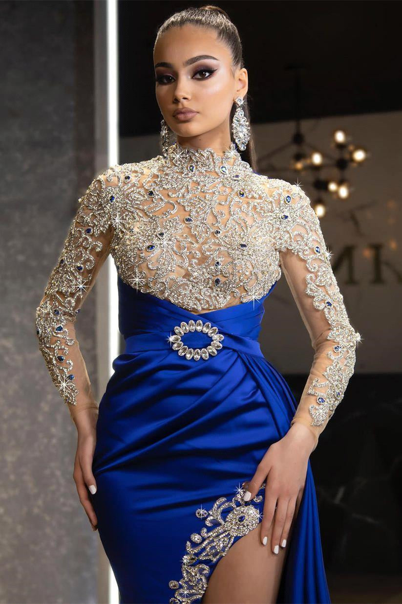 Royal Blue Beaded Long-Sleeve Mermaid Prom Dress with Split and Ruffles | Ballbella
