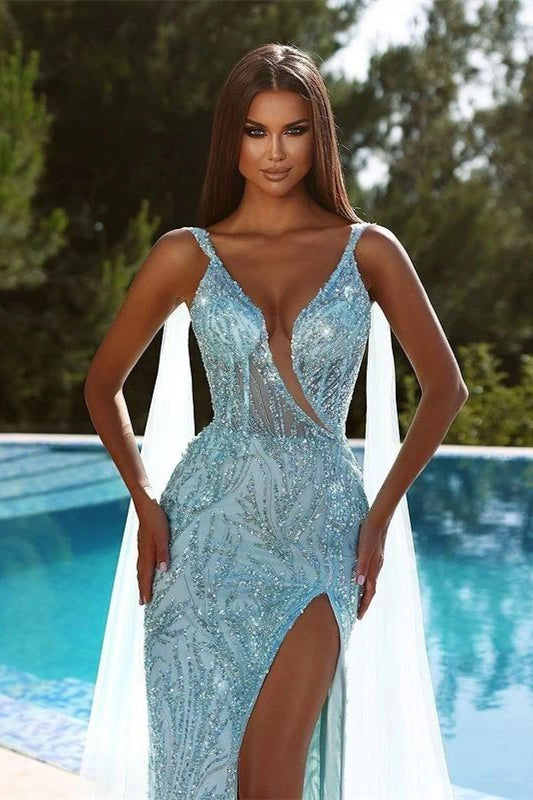 Sky Blue Spaghetti-Strap Mermaid V-Neck Prom Dress with Sequins and Beadings | Ballbella