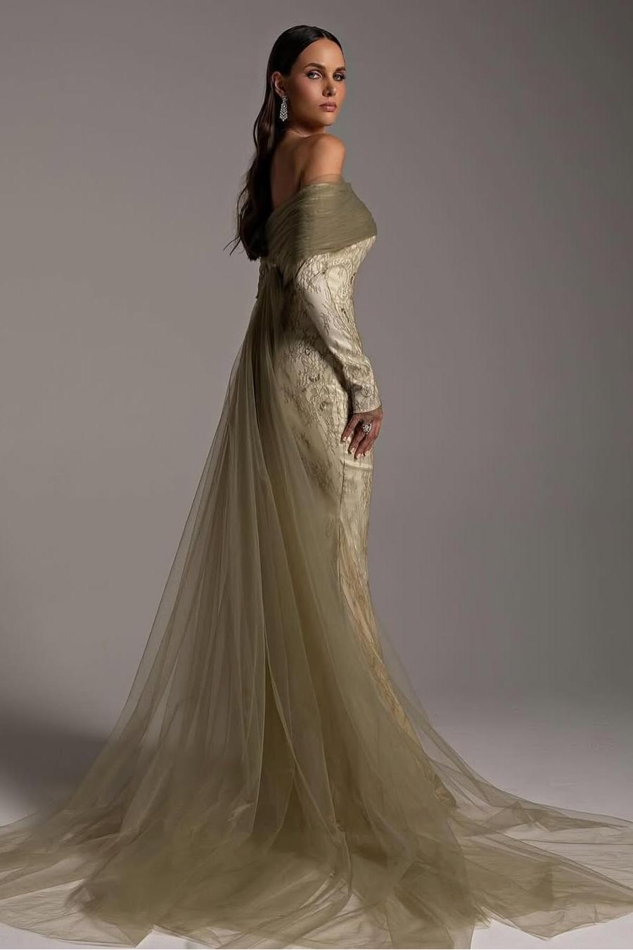 Stunning Printed Off-the-Shoulder Long Sleeve Mermaid Prom Dress with Pleats | Ballbella