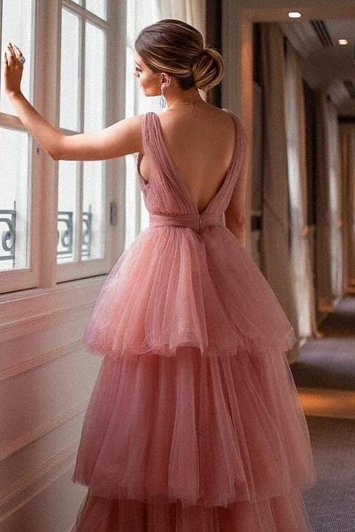 Amazing Blushing Pink Tulle Spaghetti Strap Prom Dress with Ruffles | Ballbella