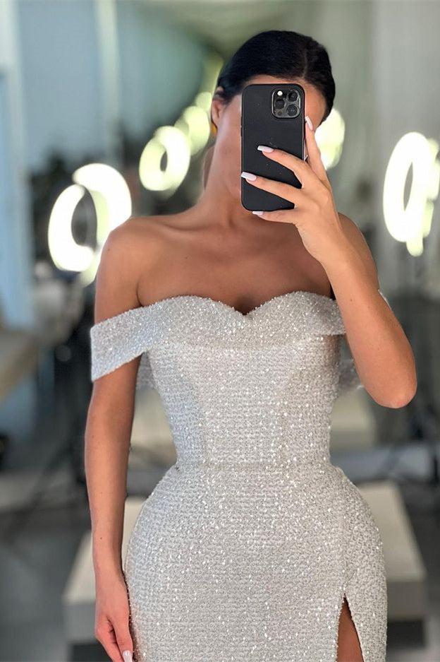 White Off-the-Shoulder Sequins Mermaid Prom Dress with Split | Ballbella