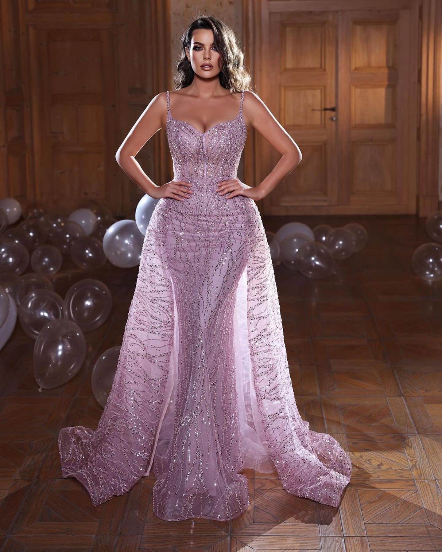 Shining Spaghetti-Strap Mermaid Evening Dress with Overskirt and Sleeveless Design | Ballbella