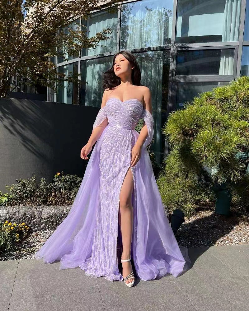 Off-the-Shoulder Sky Blue Sequins Prom Dress with Slit | Ballbella