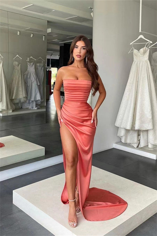 Amazing Coral Strapless Mermaid Prom Dress with Split and Pleats | Ballbella