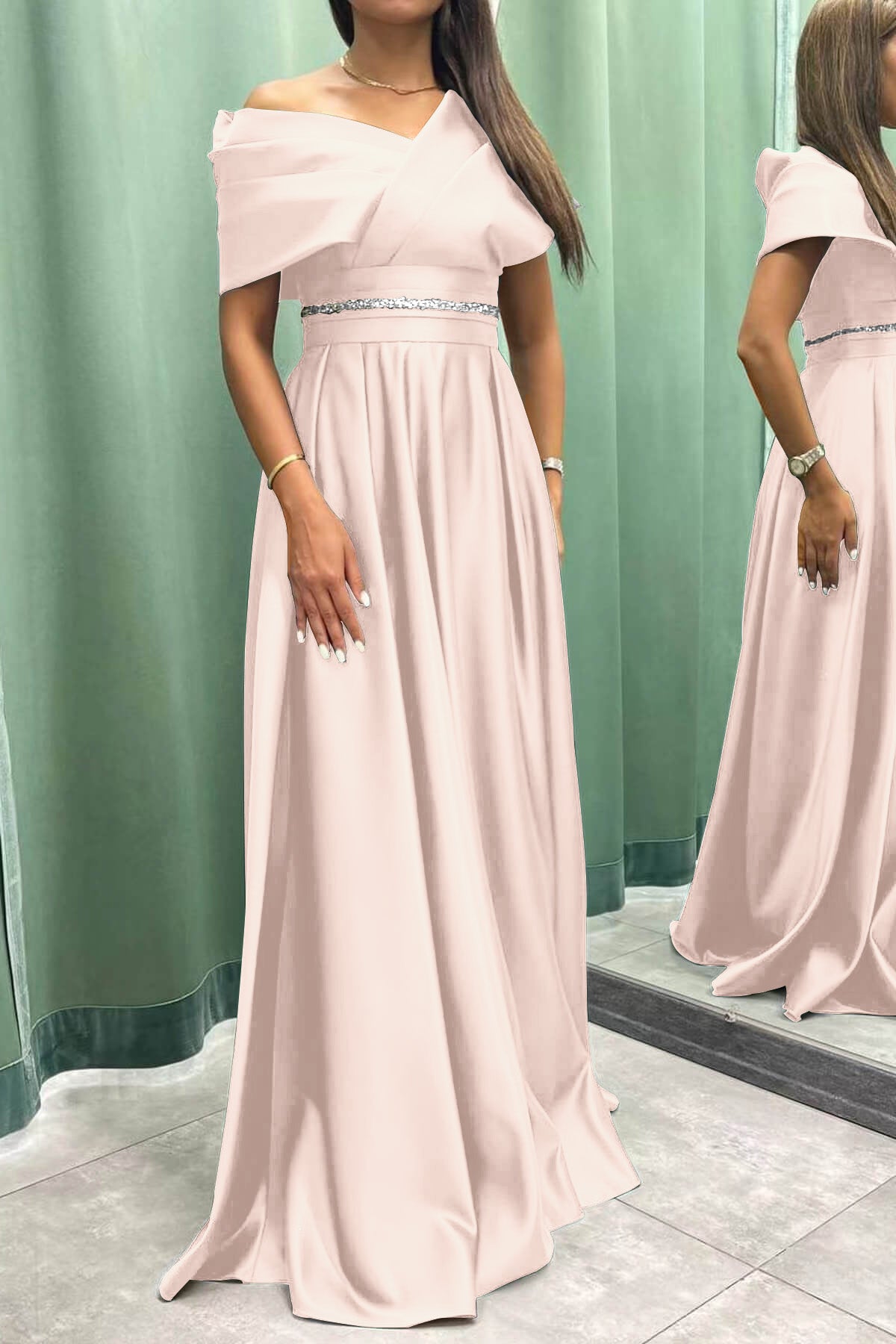 Off-the-Shoulder Elegant Long Evening Dress with Pleats | Ballbella