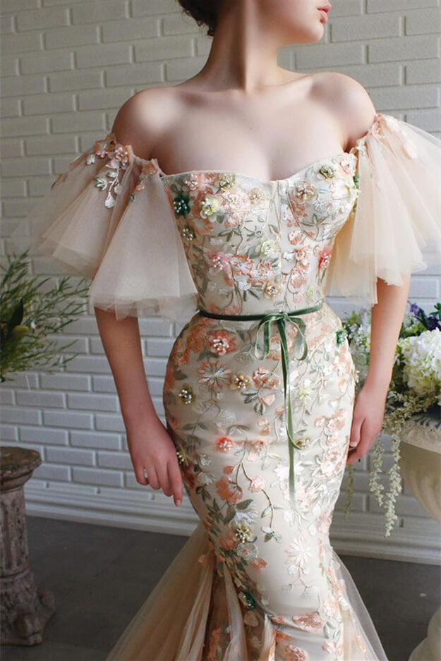 Off-the-Shoulder Mermaid Evening Dress with Flowers and Beadings | Ballbella