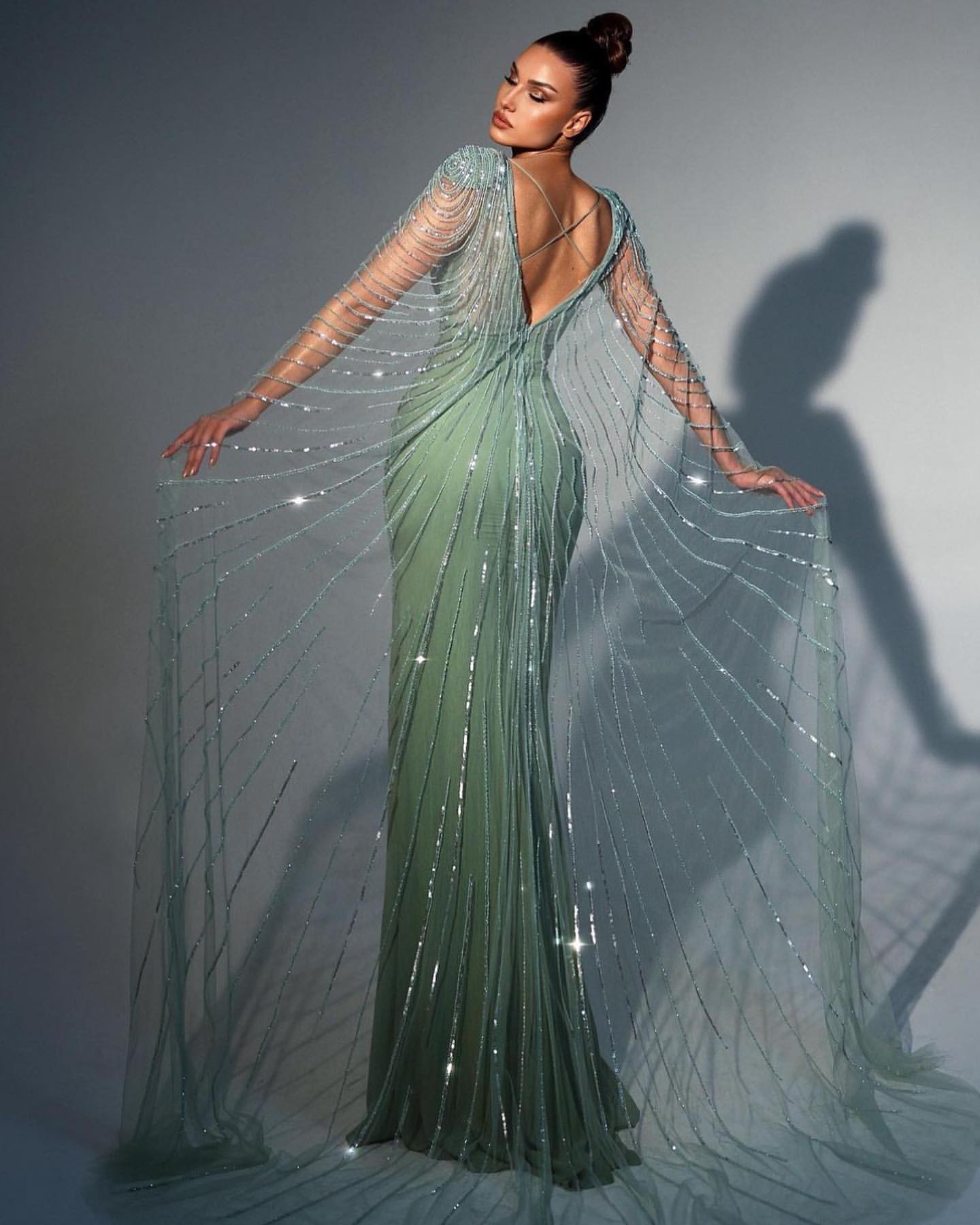 Shiny Sage Beaded Front-Slit Mermaid Prom Dress with Tulle Ruffles | Ballbella