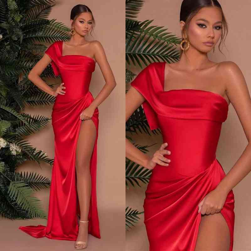 Red One-Shoulder Mermaid Prom Dress with Front Split | Ballbella