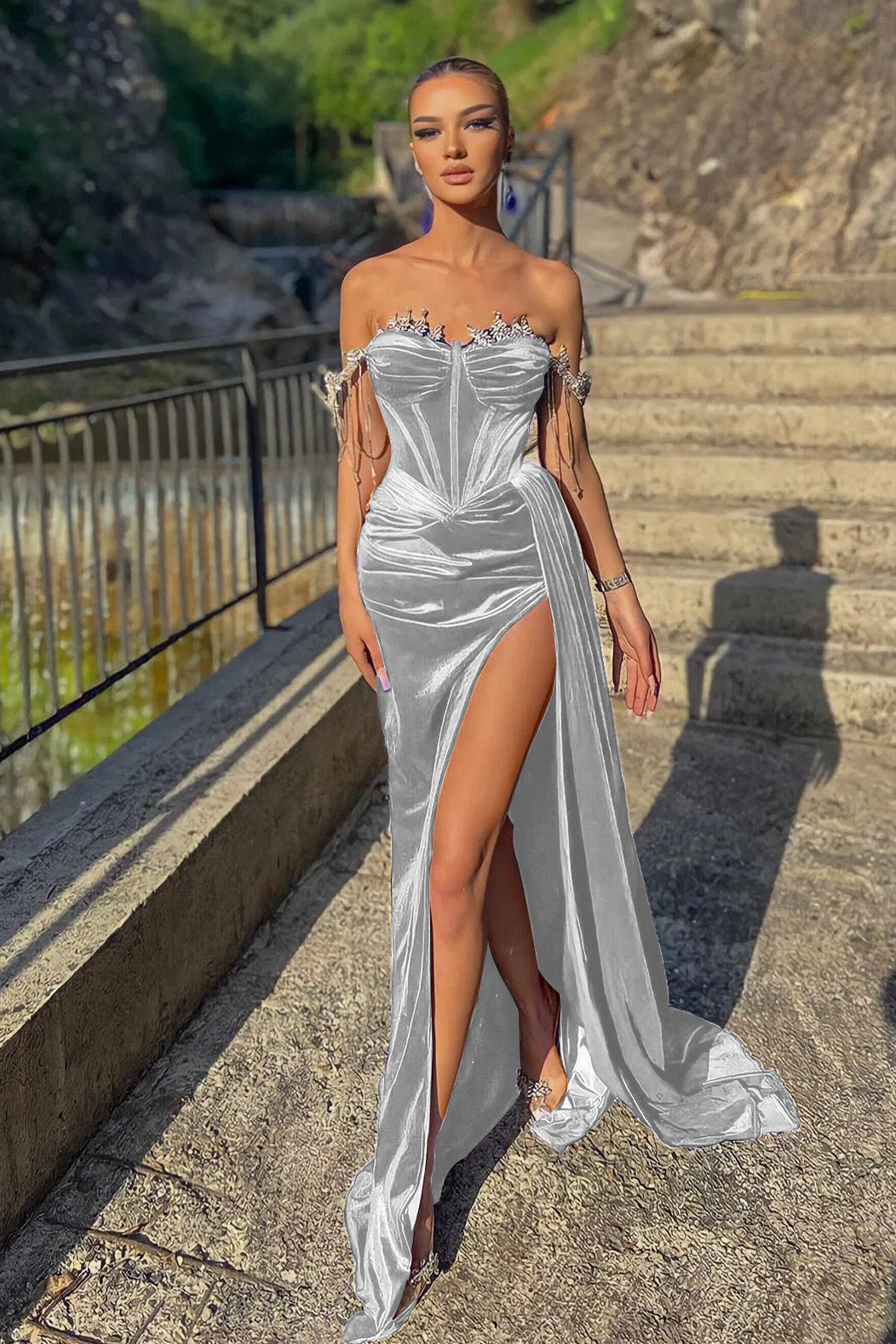 Velvet Beaded Off-the-Shoulder Mermaid Prom Dress with Ruffles | Ballbella
