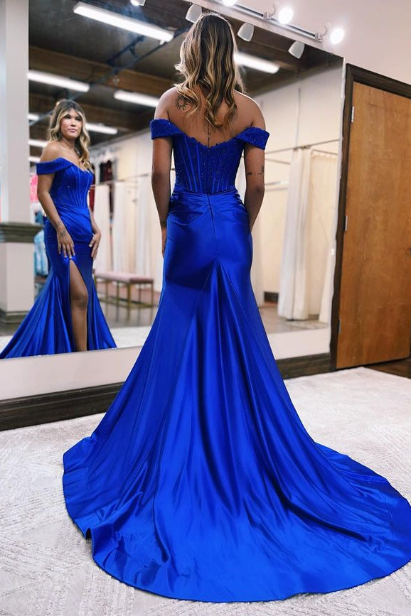 Royal Blue Off-the-Shoulder Mermaid Prom Dress with Beadings and Appliques | Ballbella