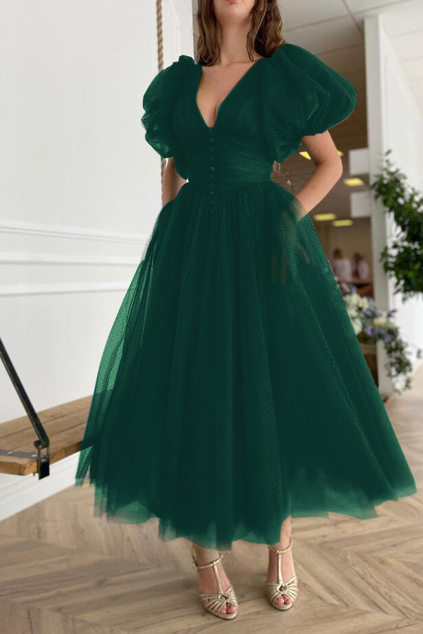 V-Neck Dark Green Evening Dress A-Line with Short Sleeves | Ballbella