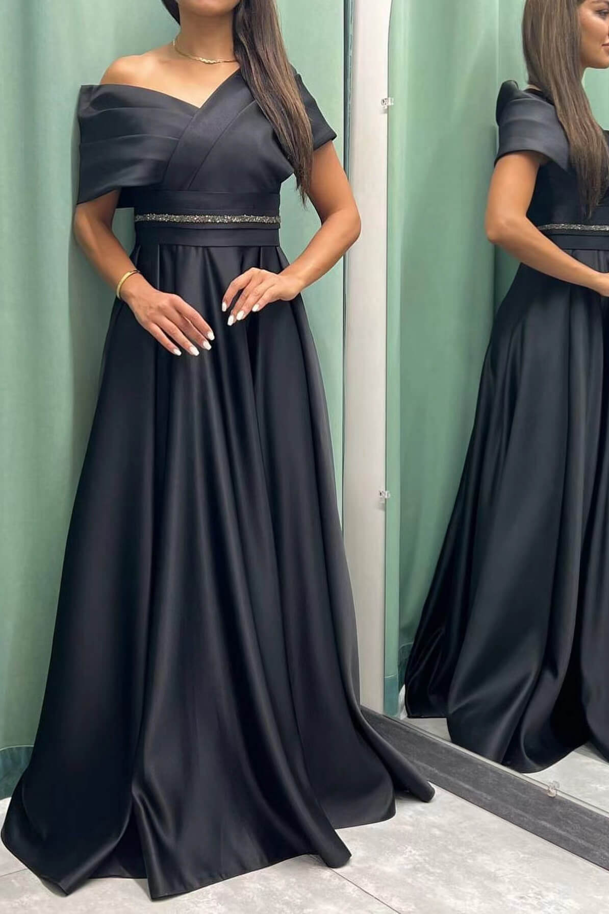 Off-the-Shoulder Elegant Long Evening Dress with Pleats | Ballbella