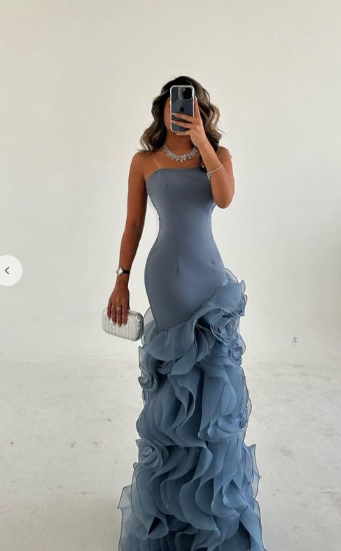 Amazing Dusty Blue Satin Strapless Prom Dress with Ruffles | Ballbella