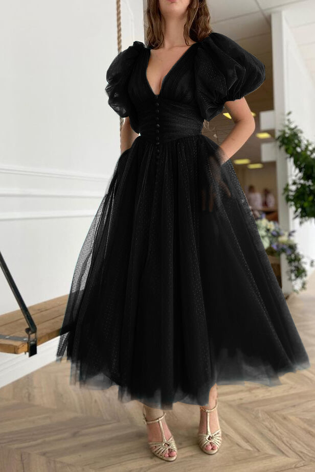 V-Neck Dark Green Evening Dress A-Line with Short Sleeves | Ballbella
