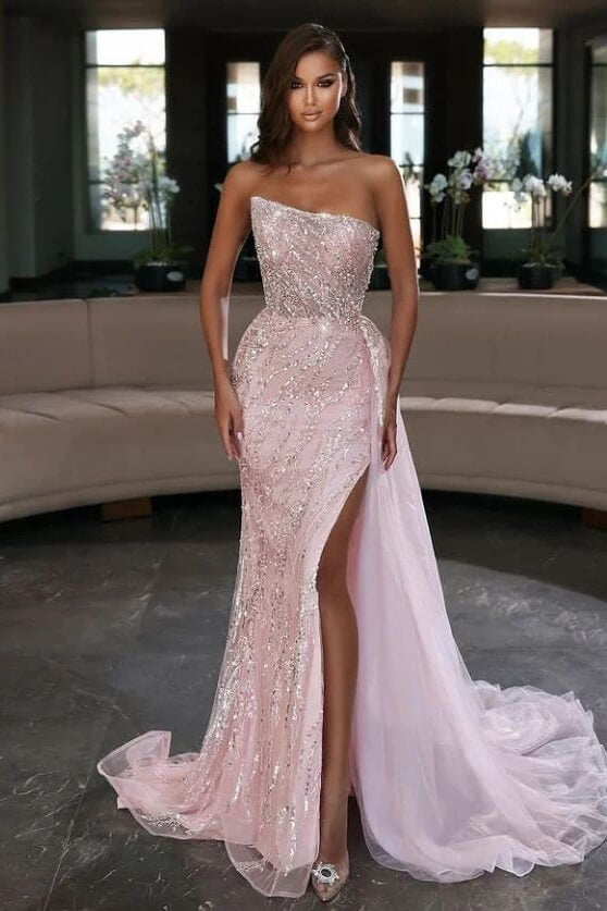 Strapless Light Pink Mermaid Sequins Prom Dress with Split and Ruffles | Ballbella