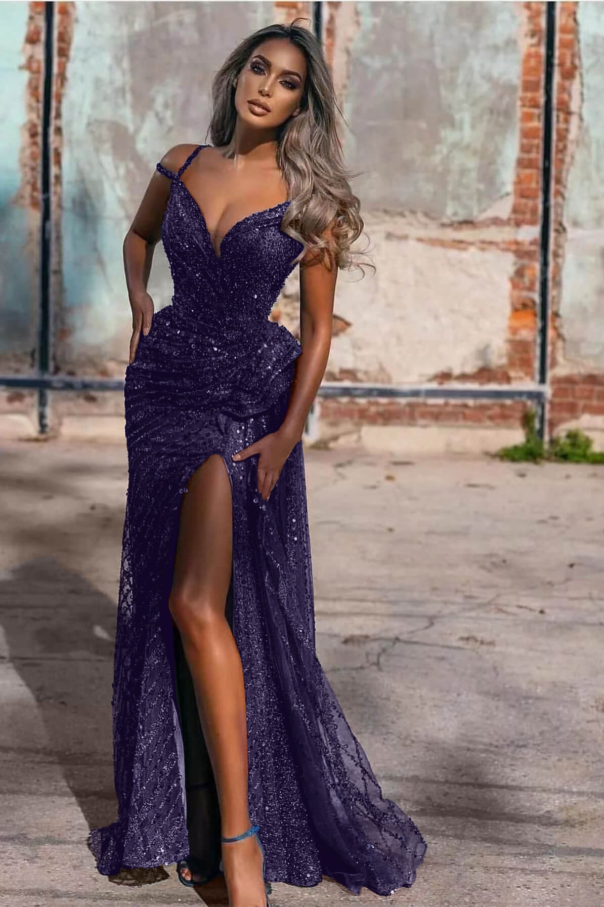 Sequins Royal Blue Off-the-Shoulder Evening Dress with Split Mermaid | Ballbella