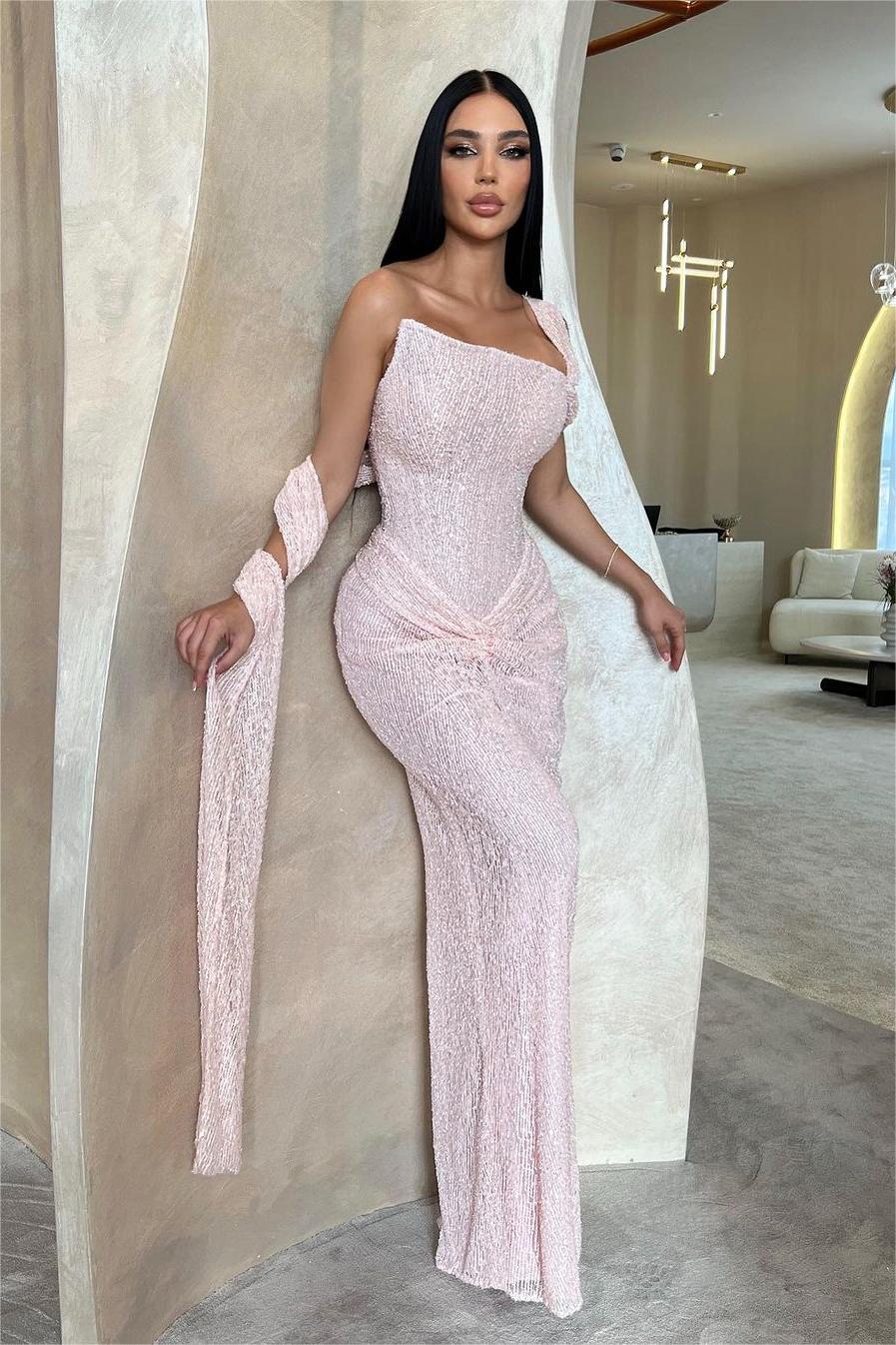 Stunning Pink Sequins One-Shoulder Sleeveless Prom Dress with Pleats | Ballbella