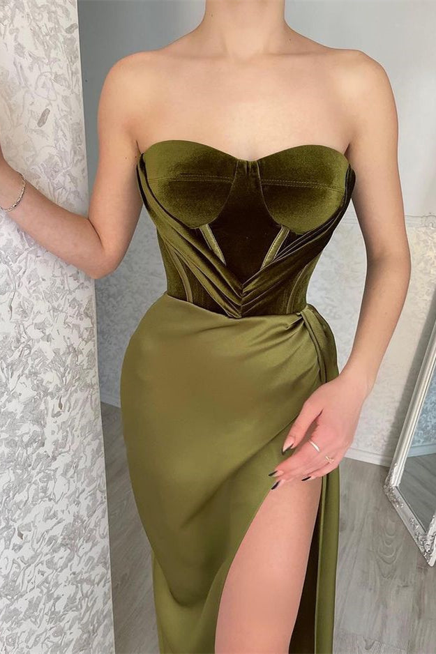 Strapless Olive Green Mermaid Evening Dress with Split | Ballbella