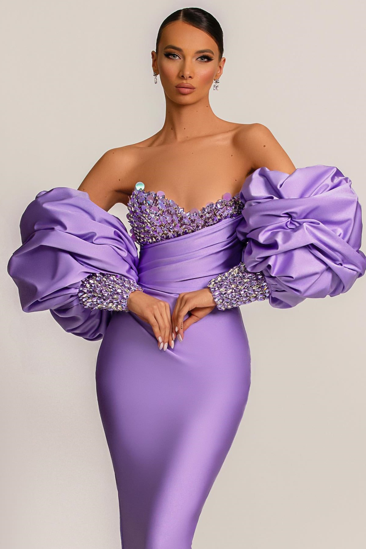 Purple Long-Sleeve Beaded Mermaid Evening Dress with Sequins | Ballbella