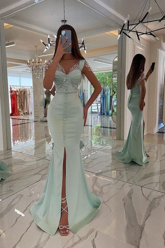 Front-Slit Mint Green Beaded Strap Mermaid Prom Dress with Buttons | Ballbella