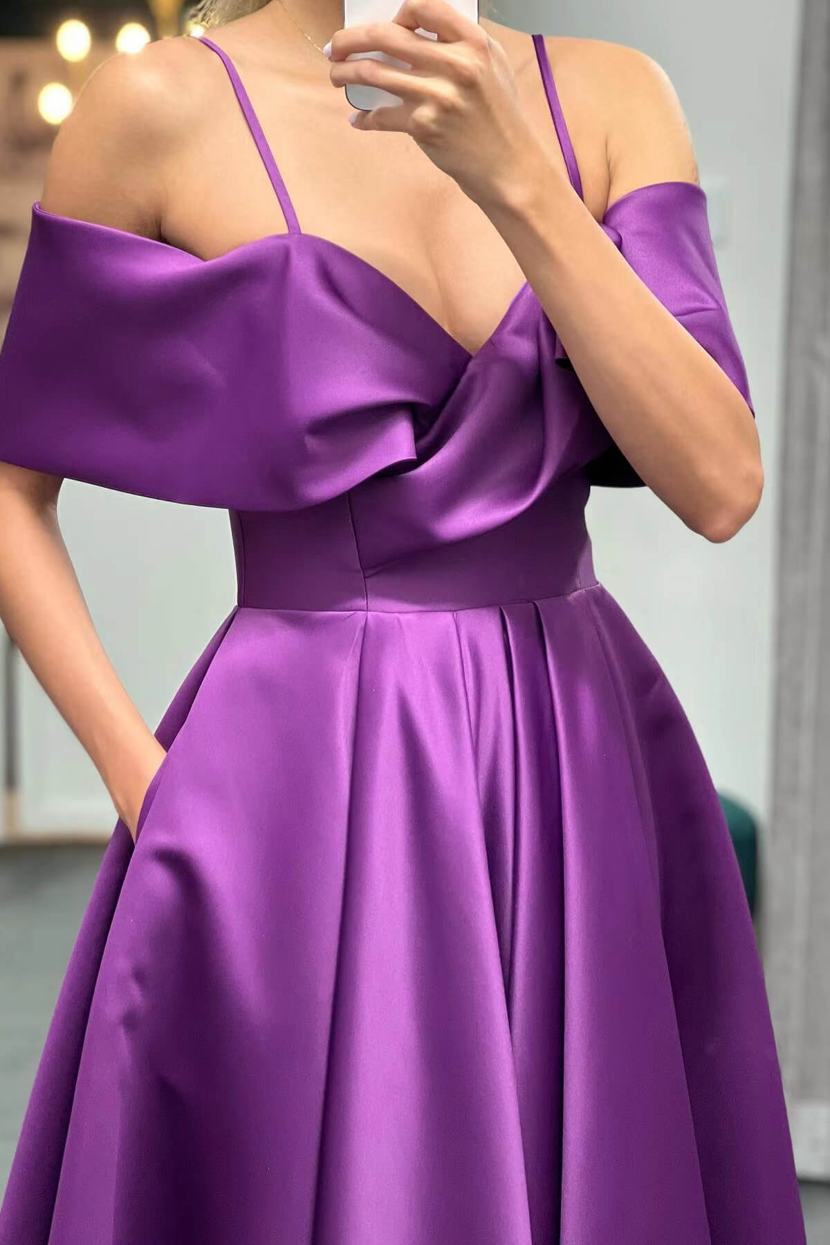 Purple Off-the-Shoulder Elegant Prom Dress with A-Line and Pockets | Ballbella