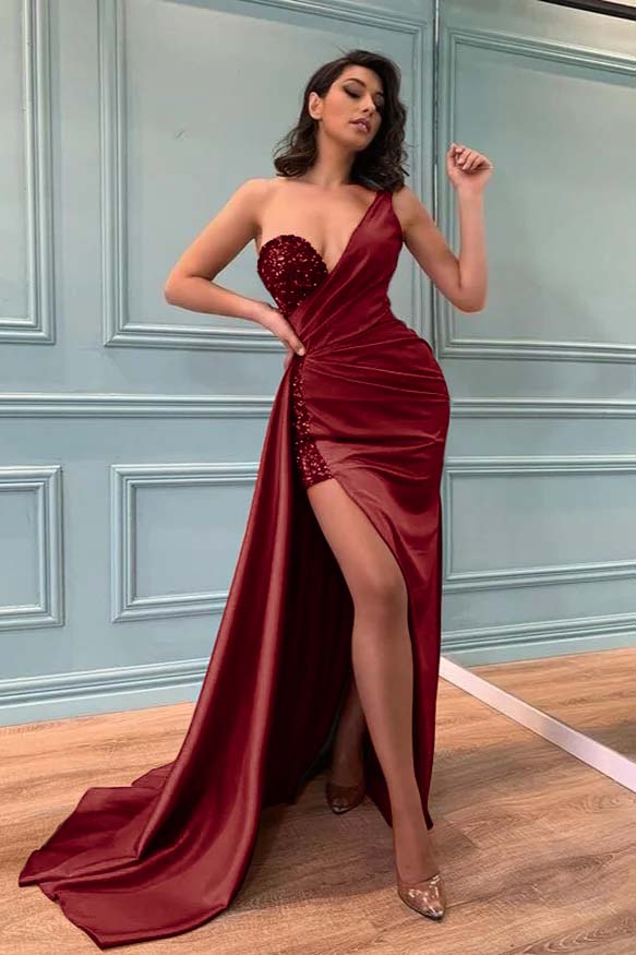 Red Slit Prom Dress with One-Shoulder Sequins | Ballbella