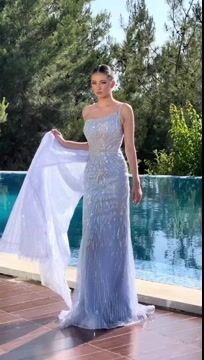 Sky Blue One-Shoulder Tulle Mermaid Evening Dress with Sequins and Beadings | Ballbella
