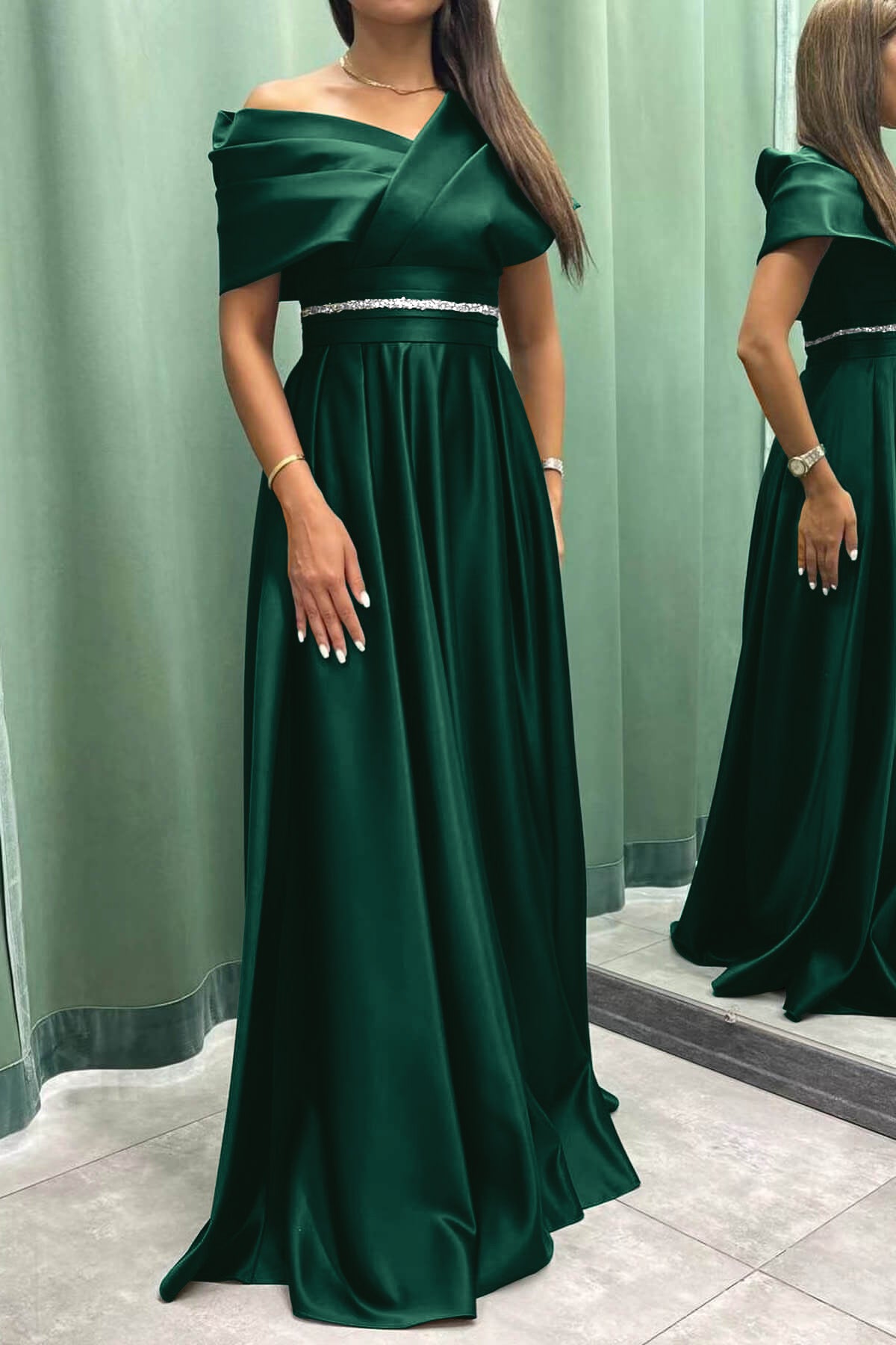 Off-the-Shoulder Elegant Long Evening Dress with Pleats | Ballbella