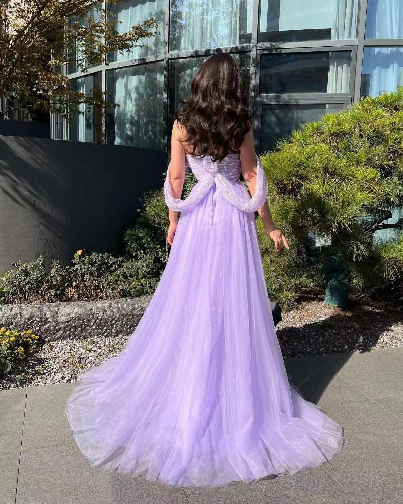 Off-the-Shoulder Sky Blue Sequins Prom Dress with Slit | Ballbella