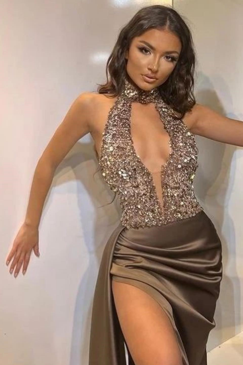 Gorgeous Mermaid Halter Sequins Long Evening Dress with Split | Ballbella