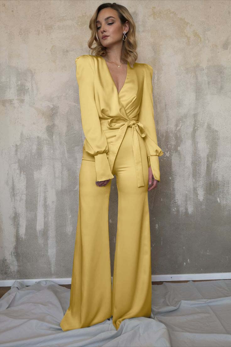 White Women's V-Neck Jacket Top Jumpsuit | Ballbella