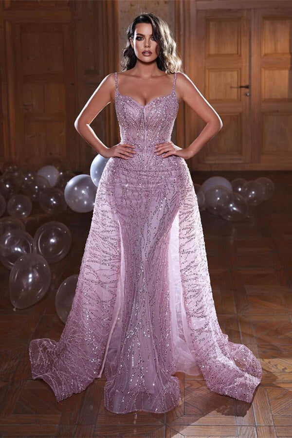 Shining Spaghetti-Strap Mermaid Evening Dress with Overskirt and Sleeveless Design | Ballbella