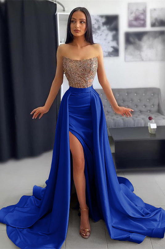 Simple Dark Pink Strapless Lace Appliques Slit Mermaid Prom Dress with Ruffles | Ballbella