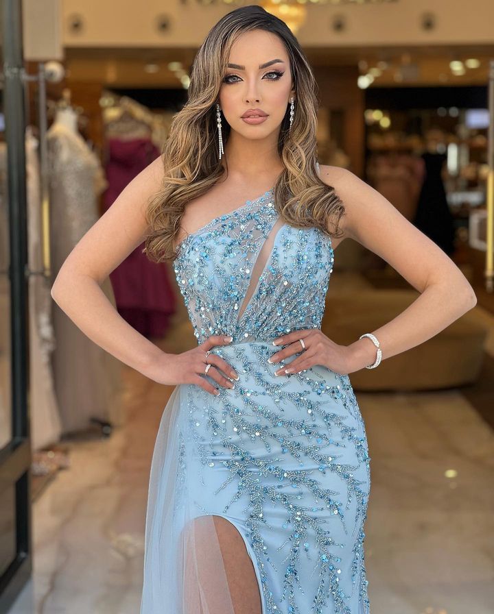 Pretty Blue Mermaid One-Shoulder Prom Dress with Slit, Beads, and Sequins | Ballbella