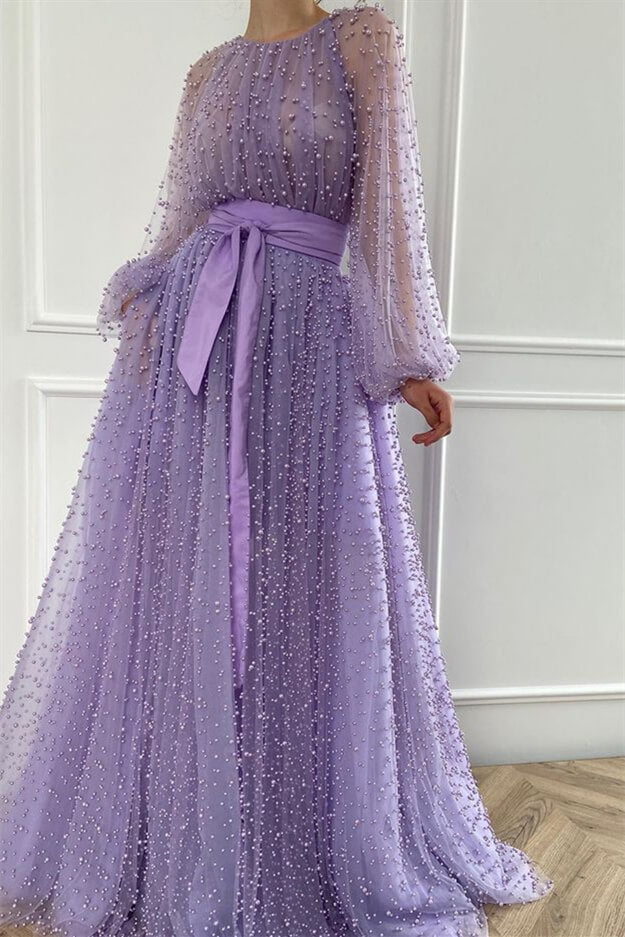 Pearls Lilac Mermaid Beaded Jewel Evening Dress with Belt | Ballbella