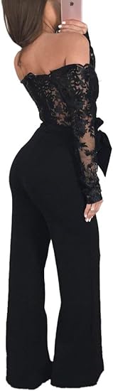 Off-Shoulder Floral Embroidery Lace Romper with Wide Leg | Ballbella