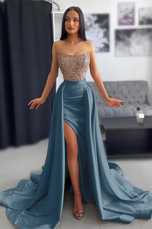 Simple Dark Pink Strapless Lace Appliques Slit Mermaid Prom Dress with Ruffles | Ballbella