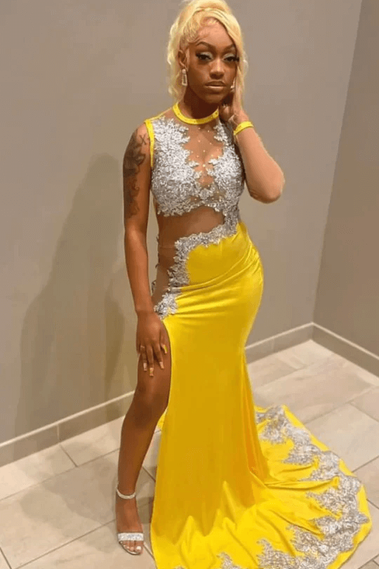 Glamorous Yellow Beaded Appliques Prom Dress with Split | Ballbella