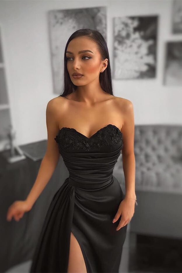 Sexy Black Sweetheart Sleeveless Mermaid Ruffles Prom Dress with Split | Ballbella