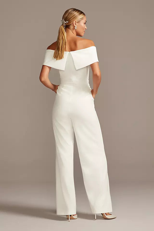 White Cuffed Off-the-Shoulder Stretch Crepe Jumpsuit | Ballbella