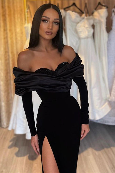 Off-the-Shoulder Black Beaded Sweetheart Evening Dress with Long Sleeves Mermaid Style | Ballbella