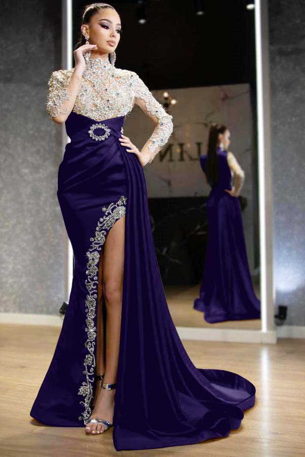Royal Blue Beaded Long-Sleeve Mermaid Prom Dress with Split and Ruffles | Ballbella