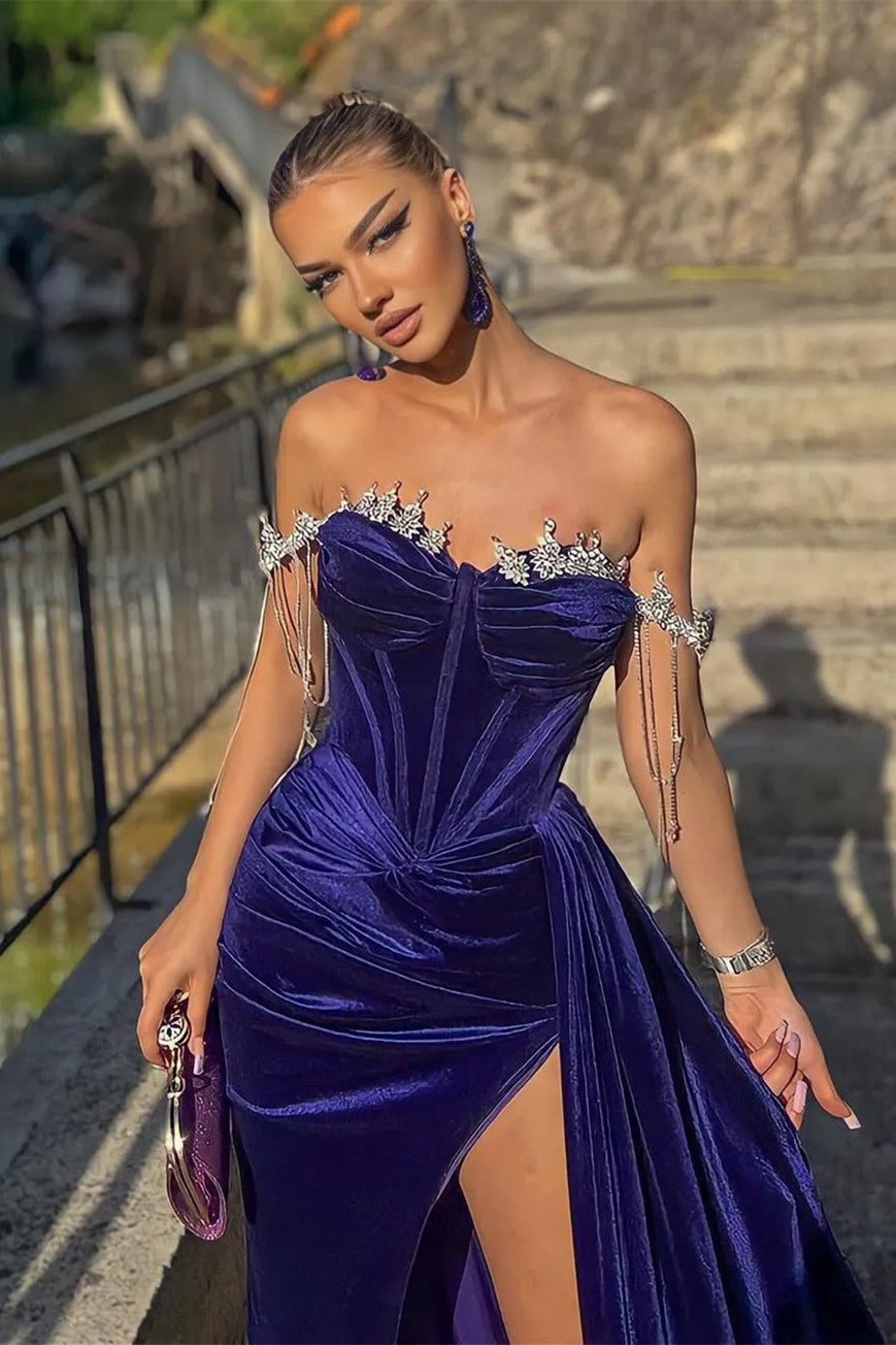 Velvet Beaded Off-the-Shoulder Mermaid Prom Dress with Ruffles | Ballbella