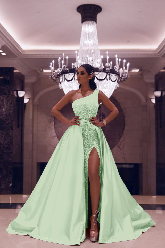 Silvery One-Shoulder Mermaid Long Prom Dress with Sequins and Split | Ballbella