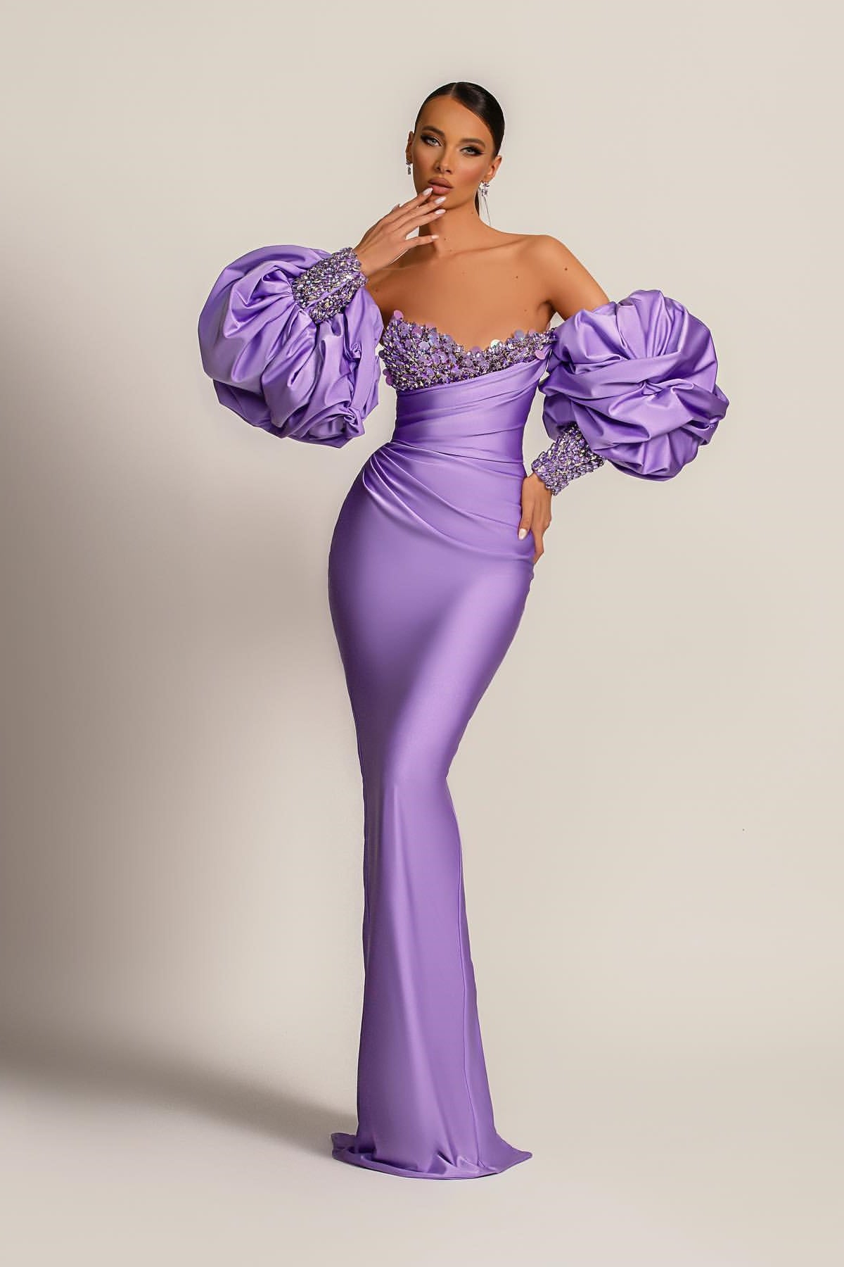 Purple Long-Sleeve Beaded Mermaid Evening Dress with Sequins | Ballbella