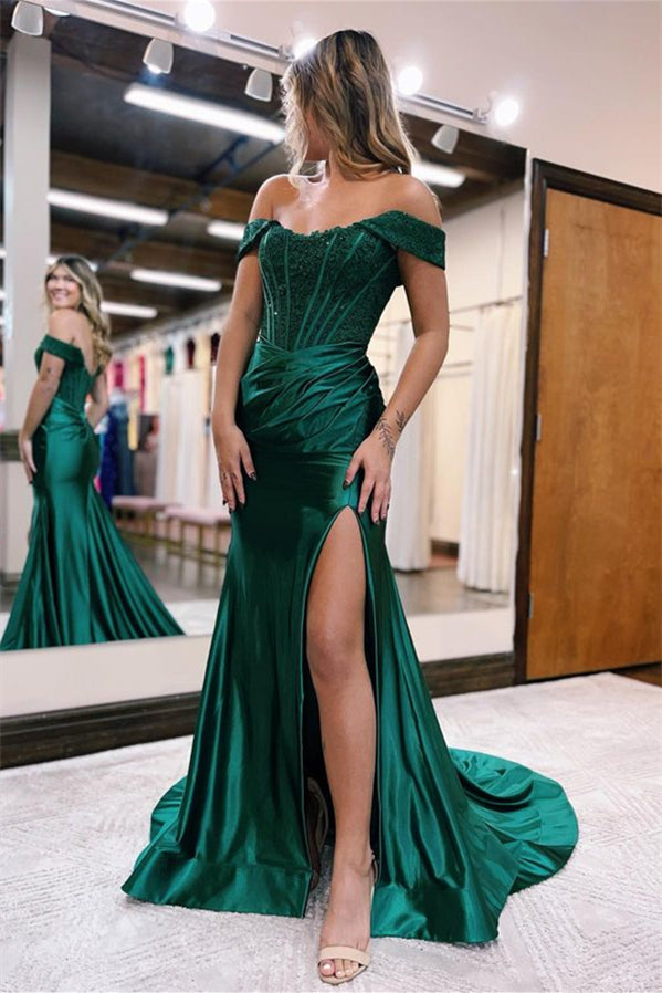 Royal Blue Off-the-Shoulder Mermaid Prom Dress with Beadings and Appliques | Ballbella