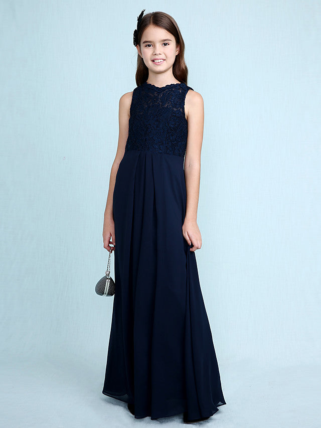 Sheath Column Scoop Neck Floor Length Chiffon & Lace Junior Bridesmaid Dress