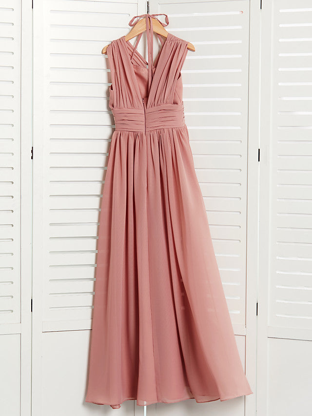 A-Line V Neck Flower Girl Dress with Pleats Ruching and Maxi Chiffon